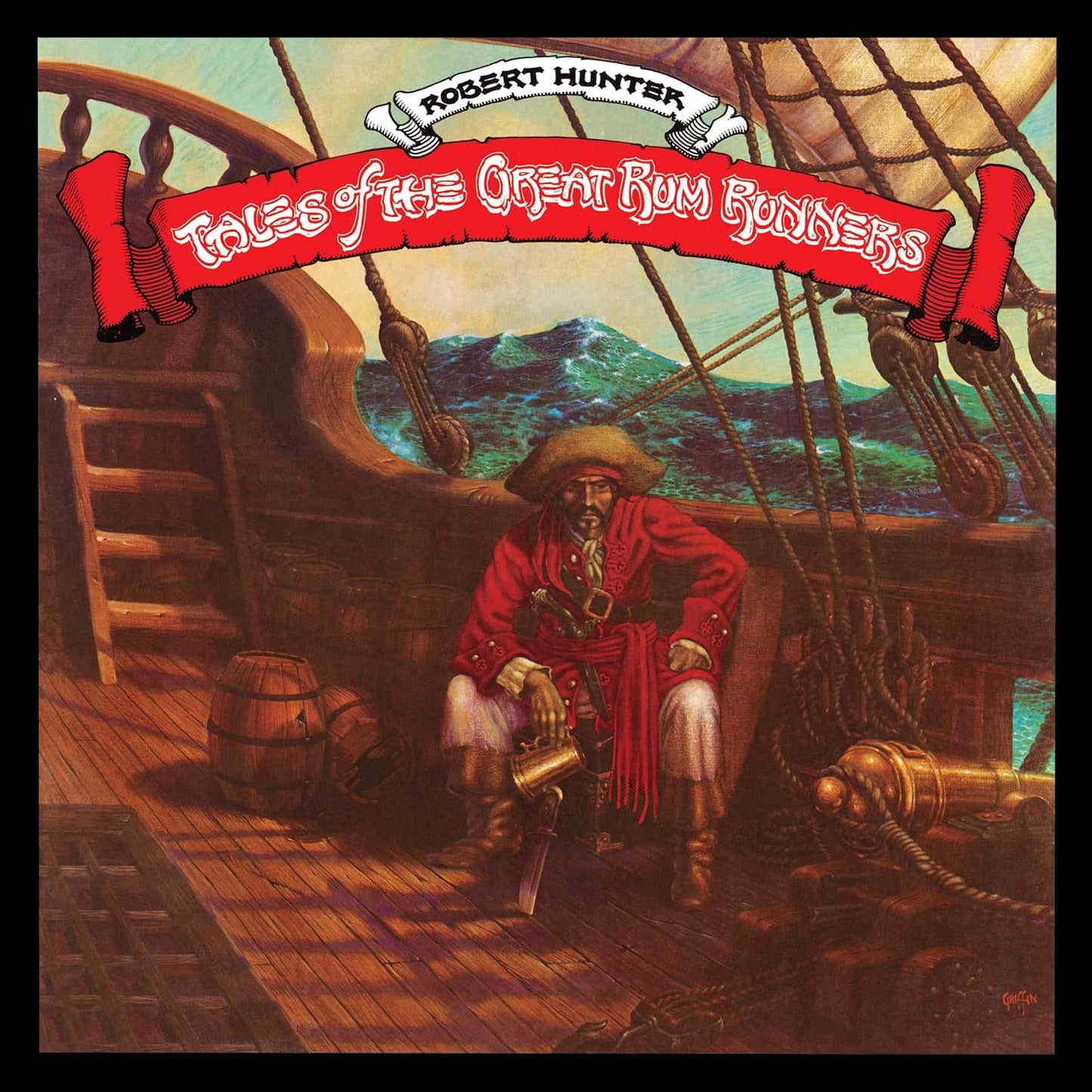 CD cover: pirate with a mug on the deck of a ship.