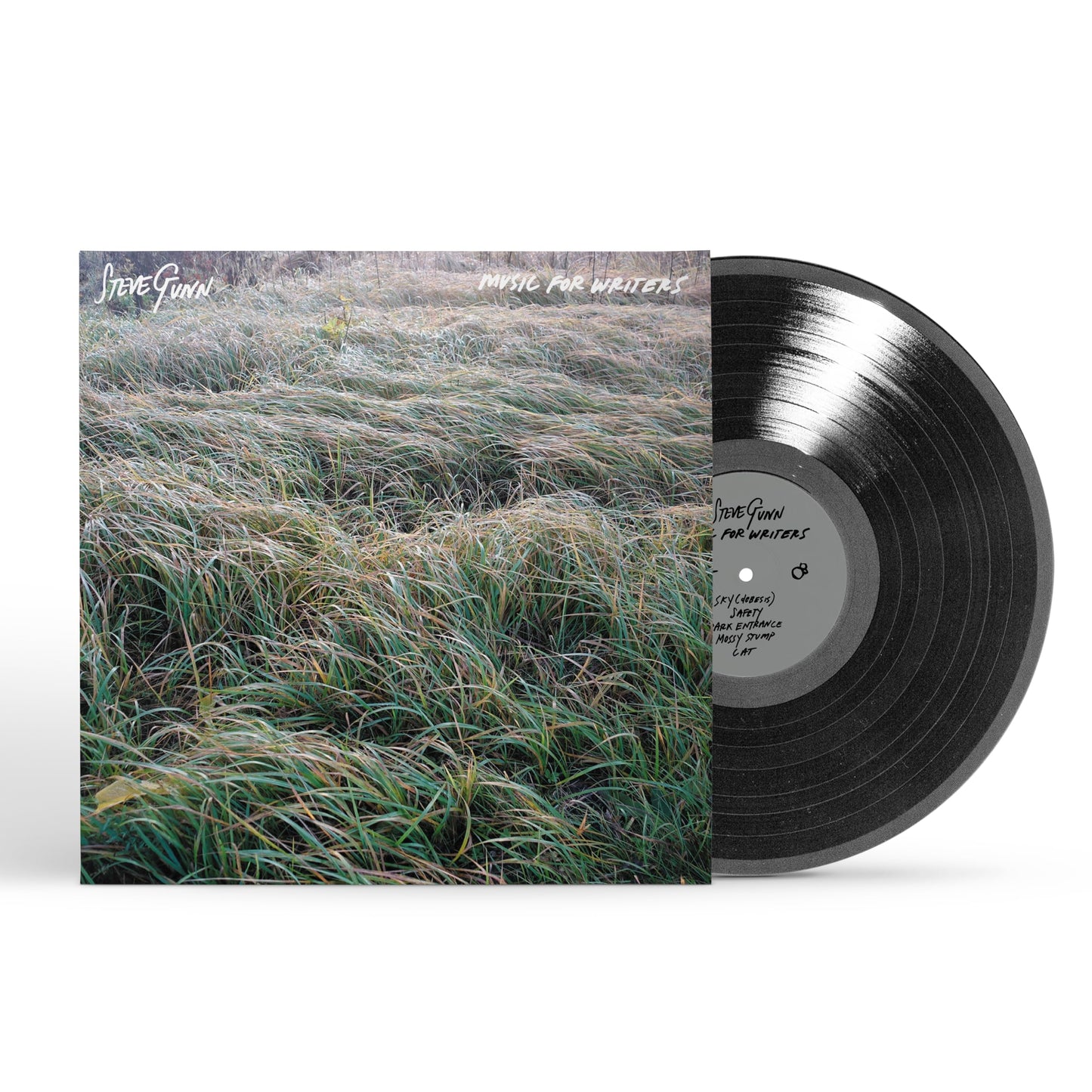 Vinyl record with a grassy field album cover and white label center.