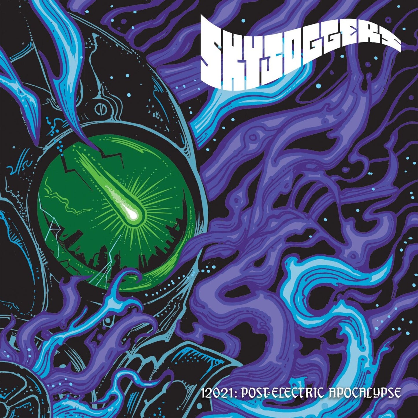 Abstract illustration of a green eye and city silhouette surrounded by purple flowing shapes.
