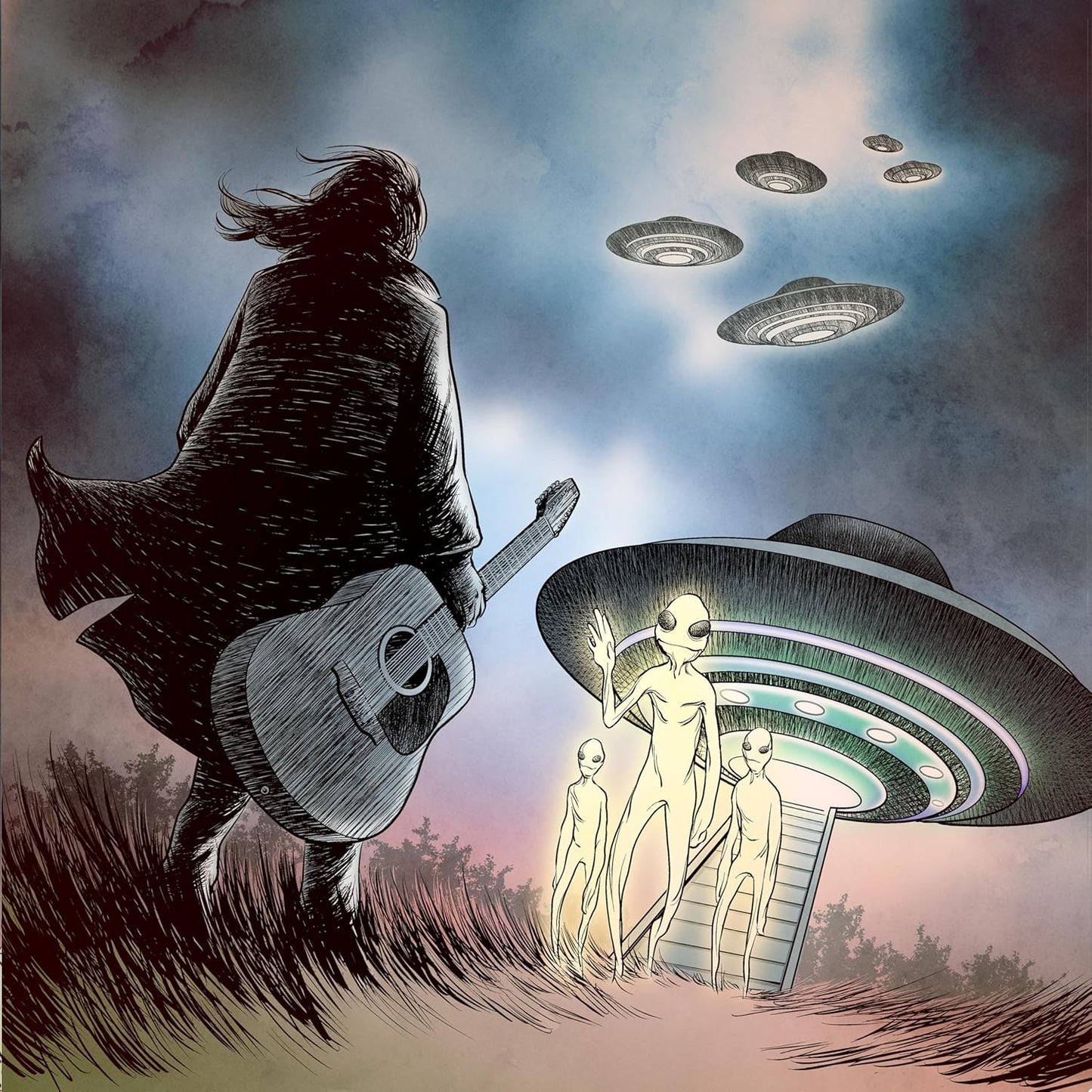 Illustration of a person with a guitar and several alien spacecraft.
