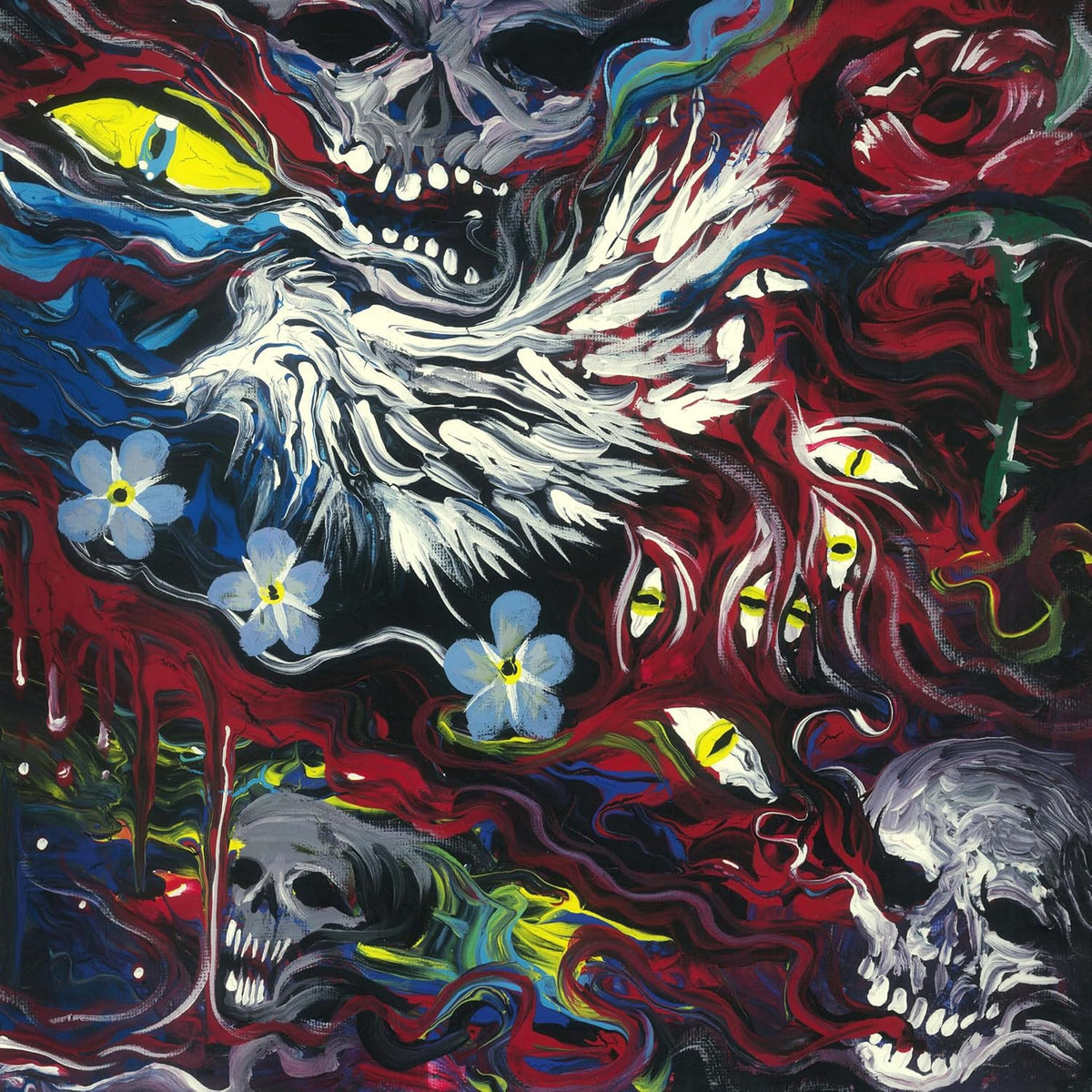 CD cover art: swirling, colorful painting of skulls, eyes, and flowers.