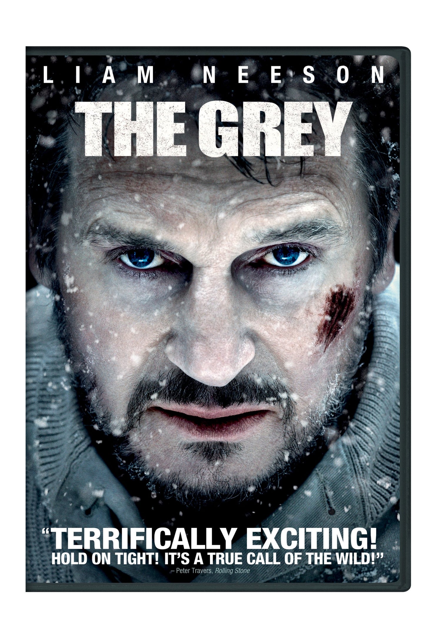 DVD cover for "The Grey" featuring Liam Neeson’s weathered face.