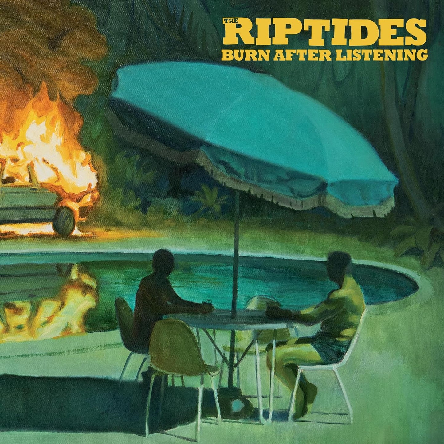 Album cover for The Riptides’ “Burn After Listening” featuring a burning car.