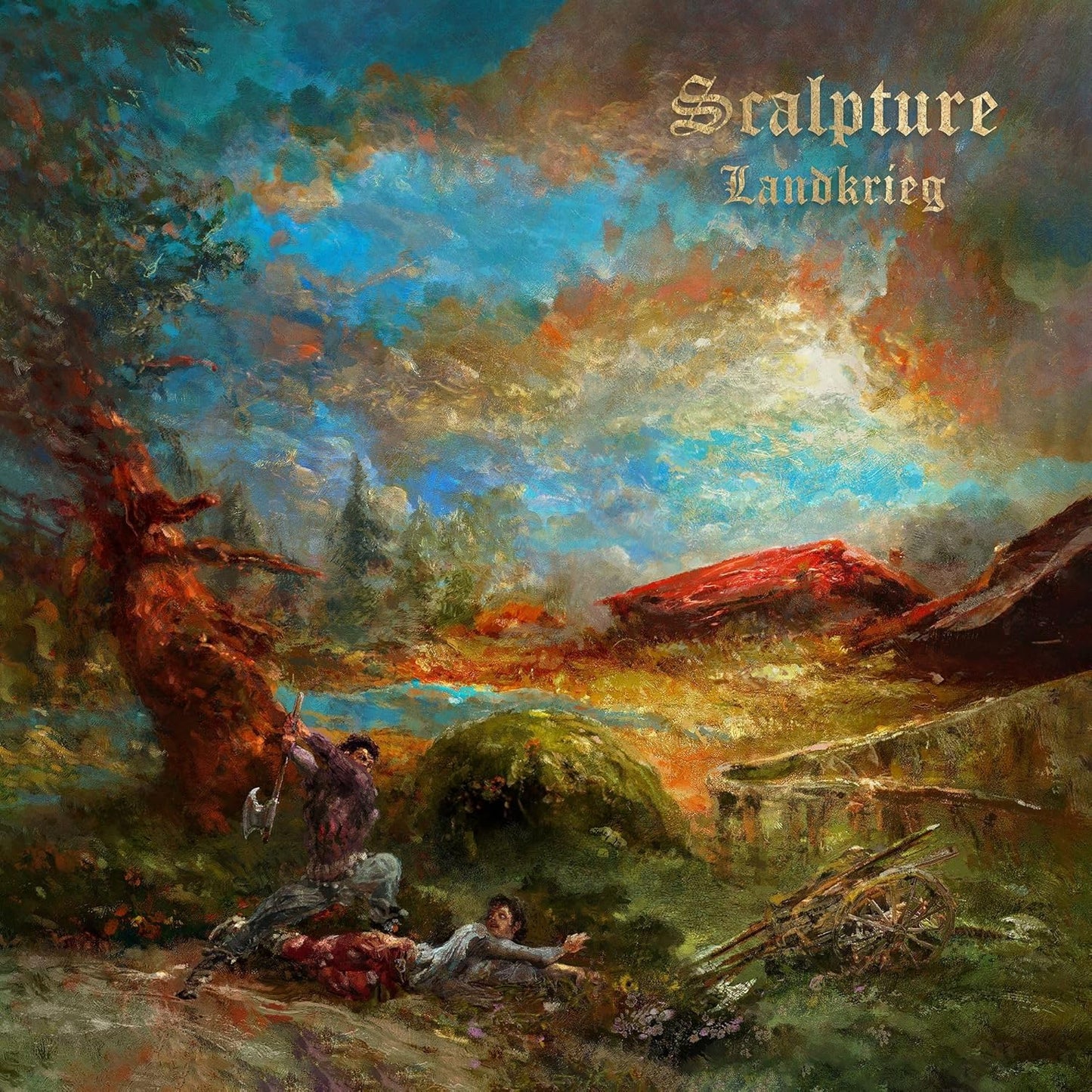 Painted album cover depicting a violent battle scene in a landscape.