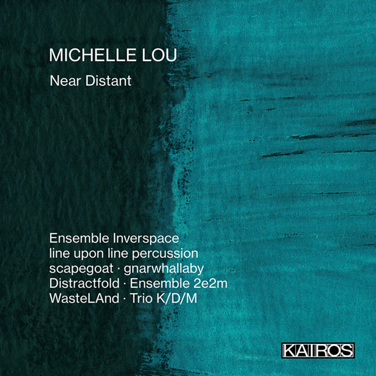 CD cover for Michelle Lou’s “Near Distant” with abstract teal textures.