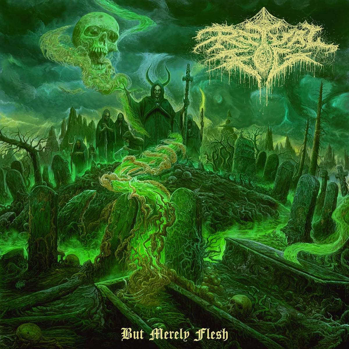 Dark fantasy album cover with a skull, hooded figure, and graveyard scene.