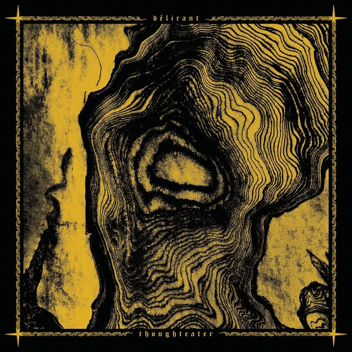 Dark yellow album cover with swirling, distorted face and text.