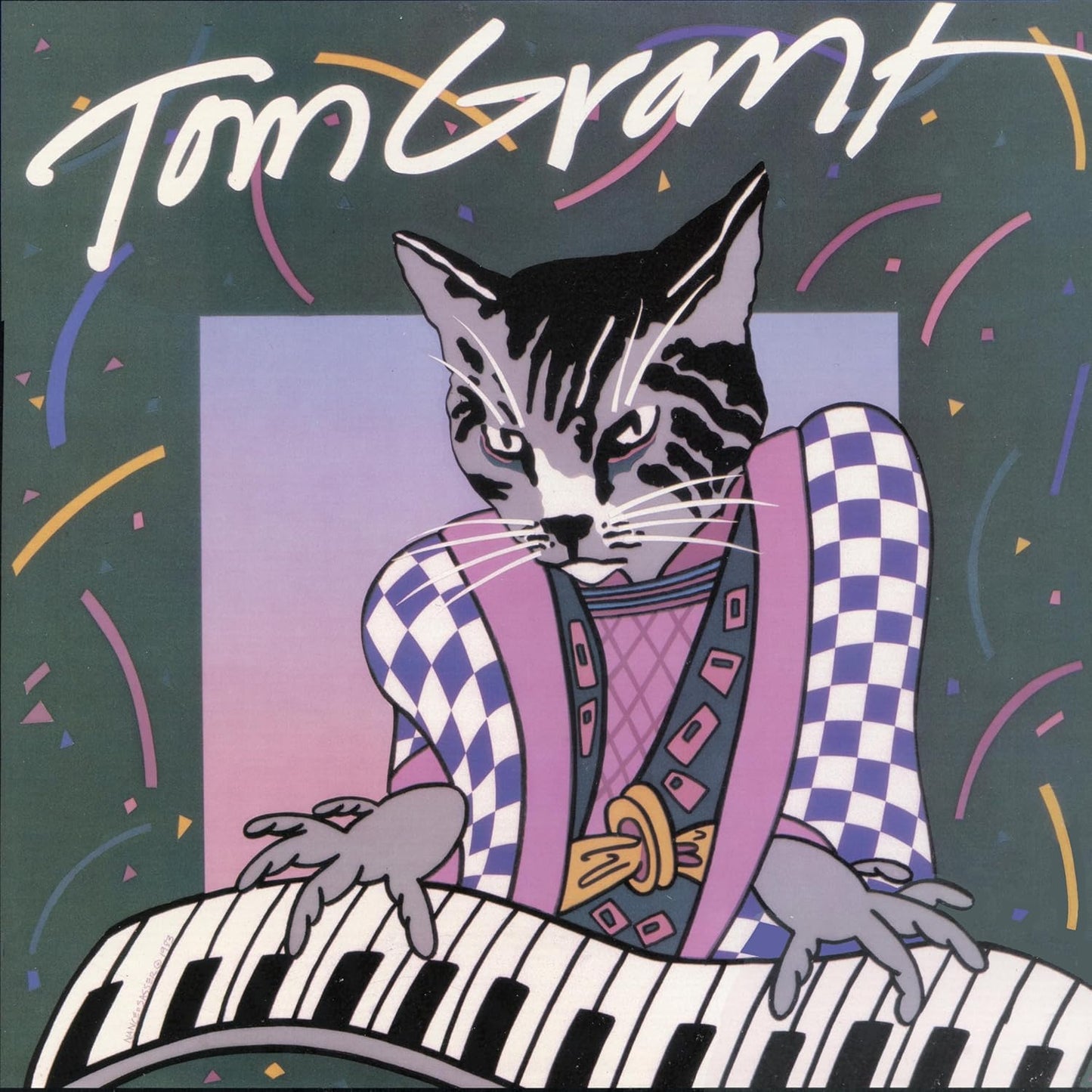 CD cover: cat in a waistcoat playing a piano, colorful abstract art.