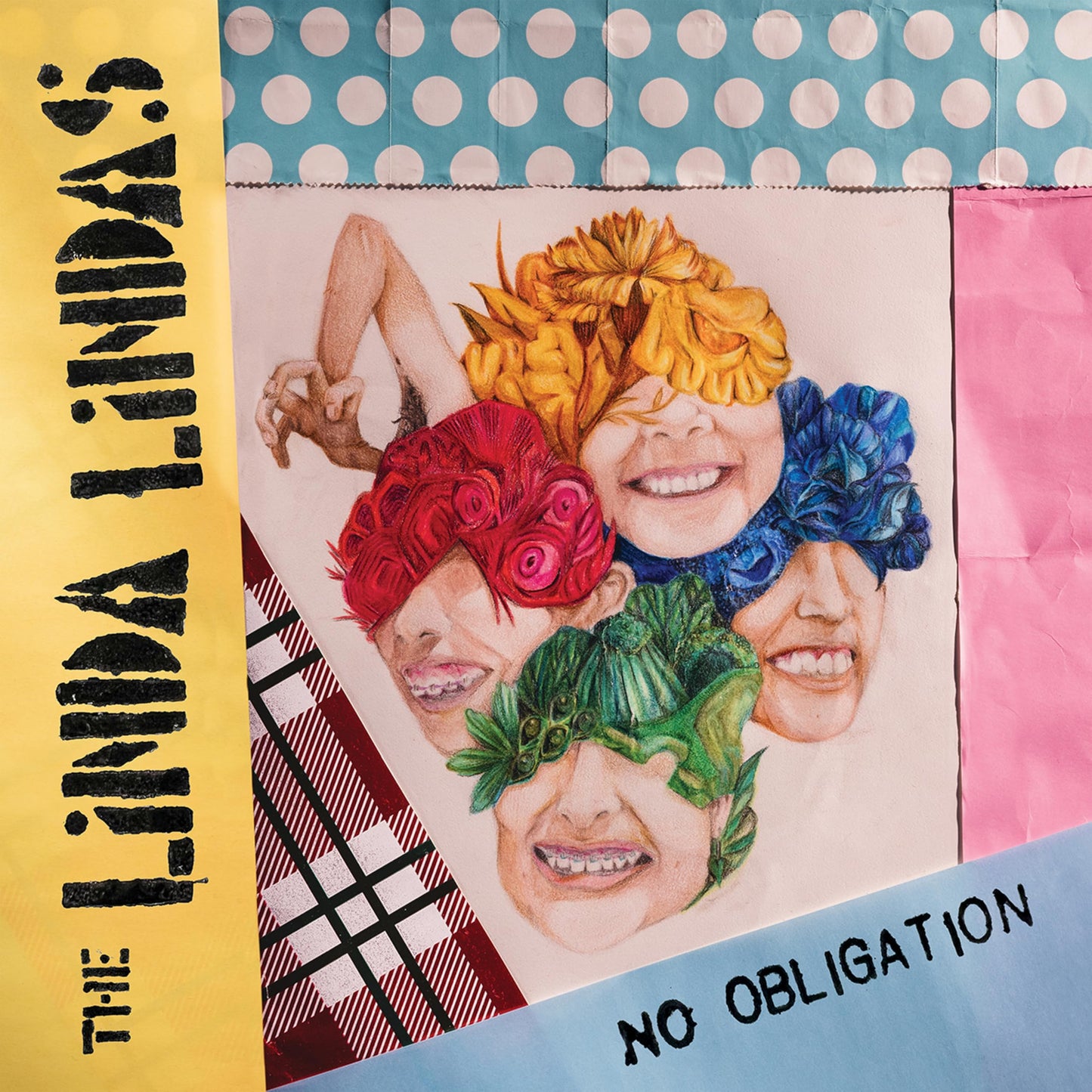 CD cover for The Linda Lindas’ “No Obligation” with illustrated faces.