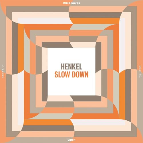 Vinyl record cover with abstract orange and beige geometric design.