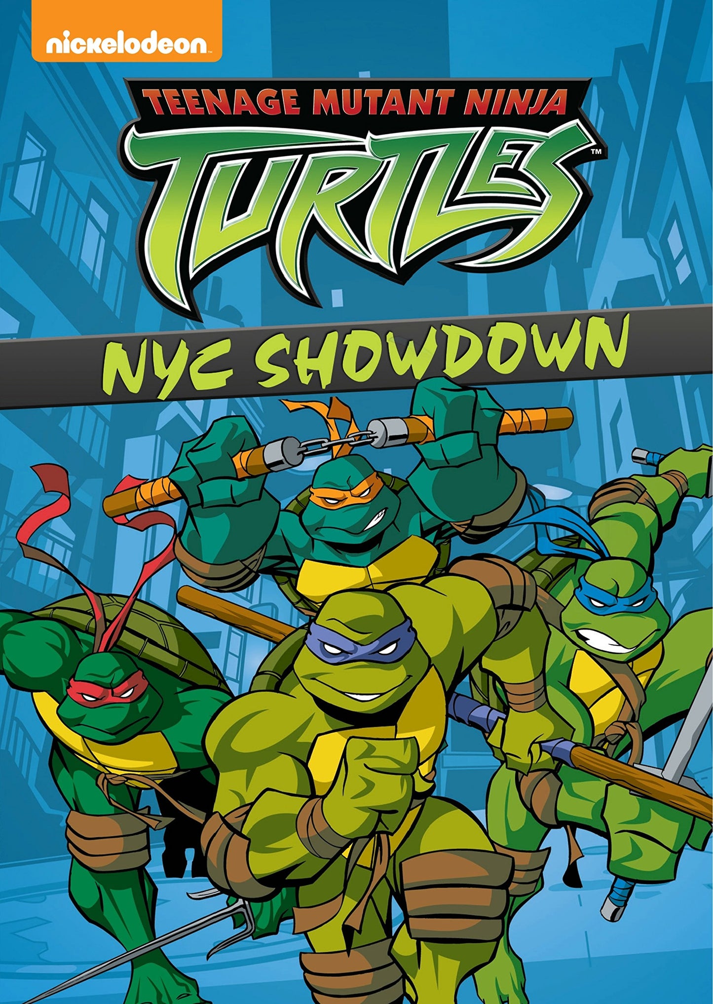Teenage Mutant Ninja Turtles DVD cover featuring the four turtles with weapons.