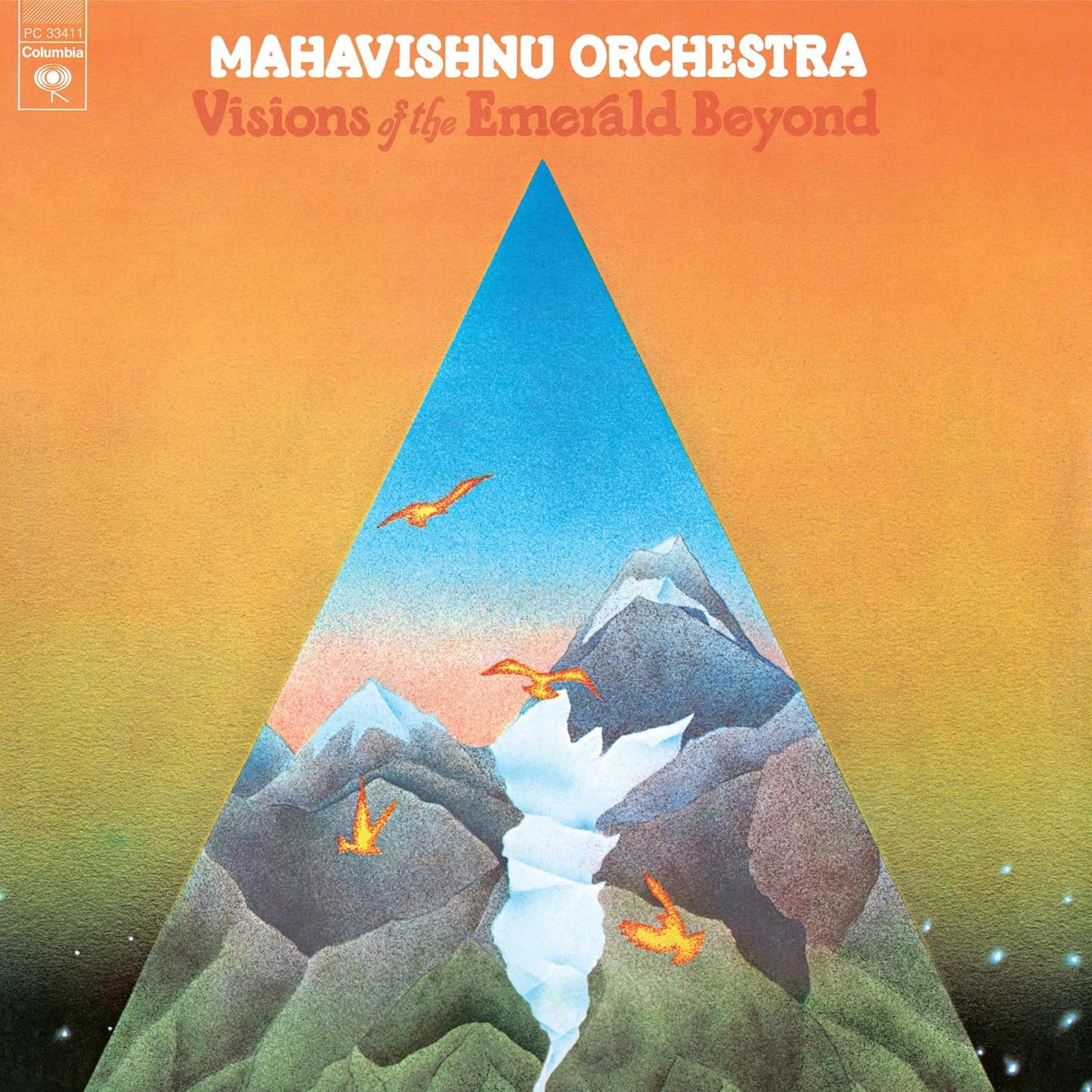 Album cover: Mahavishnu Orchestra, "Visions Of The Emerald Beyond", mountains and birds.