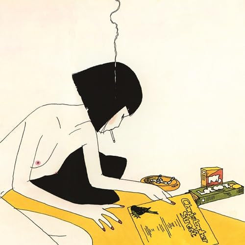 Illustration of a woman smoking, with objects on a yellow surface.