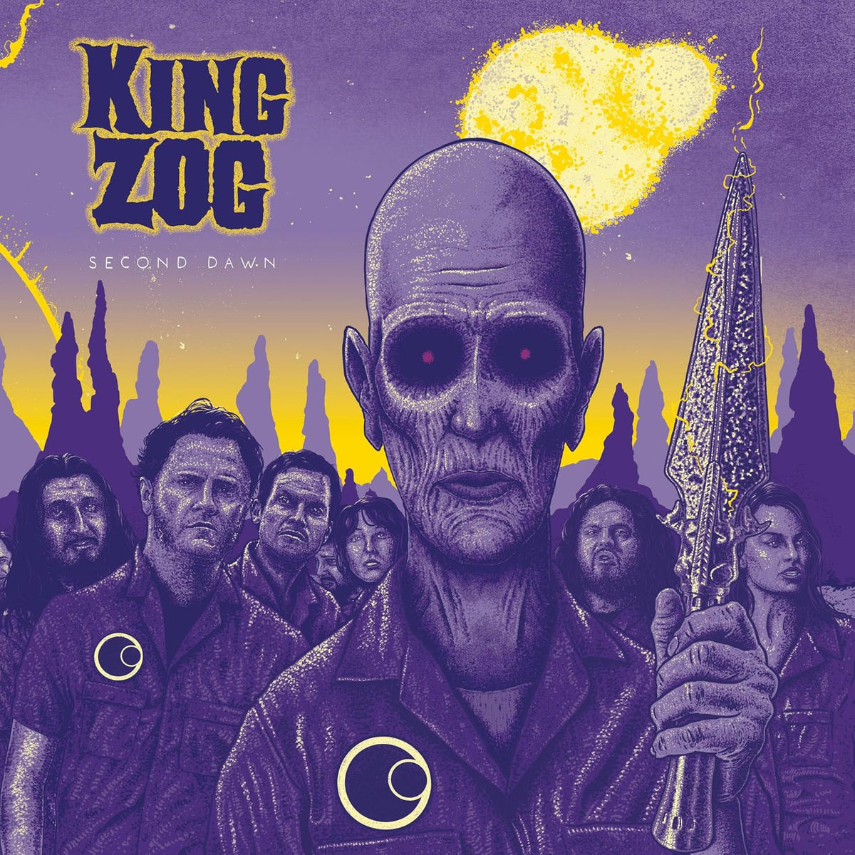 Purple album cover for King Zog’s “Second Dawn” featuring a large alien figure.