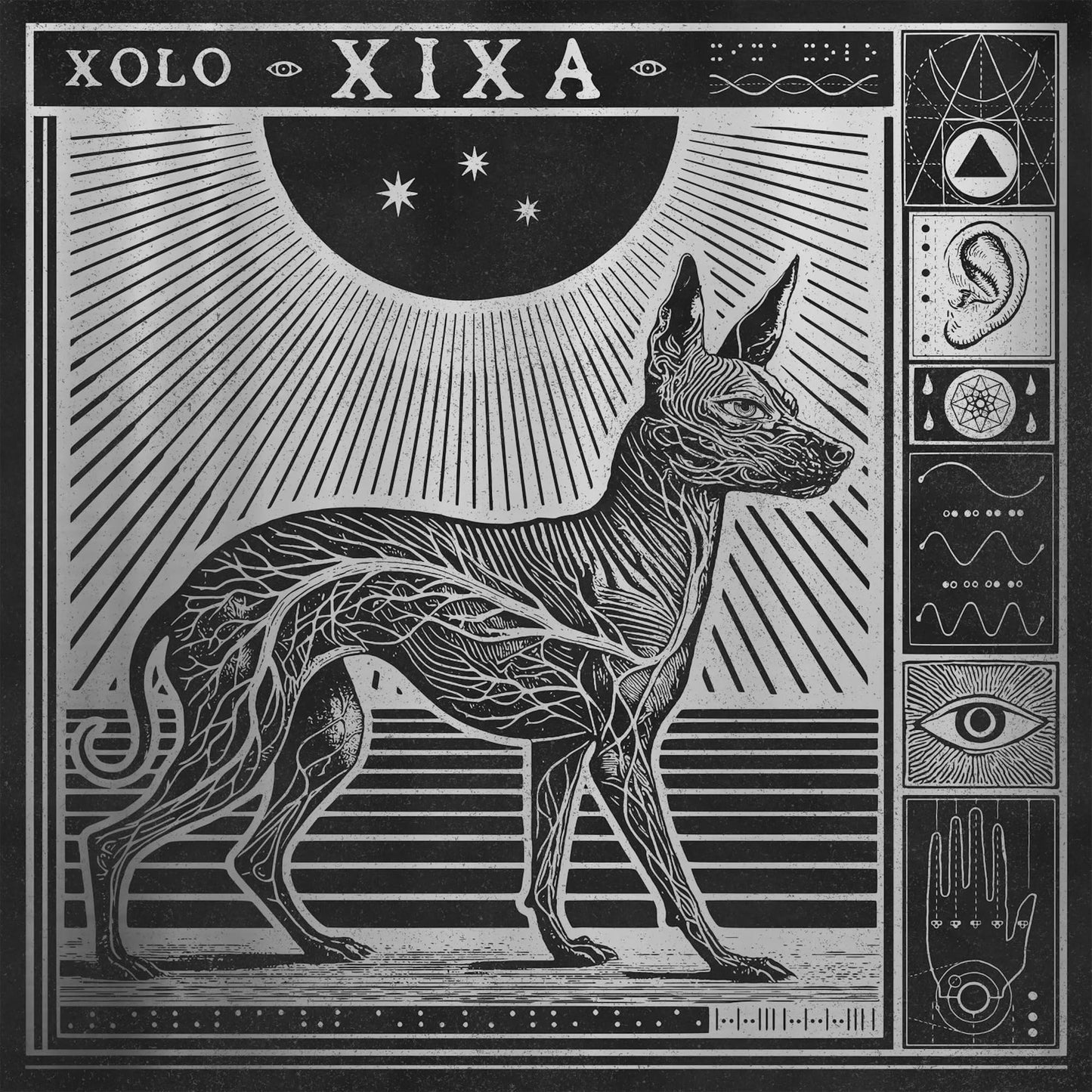 Black and white CD cover featuring a Xoloitzcuintli dog in engraved style.