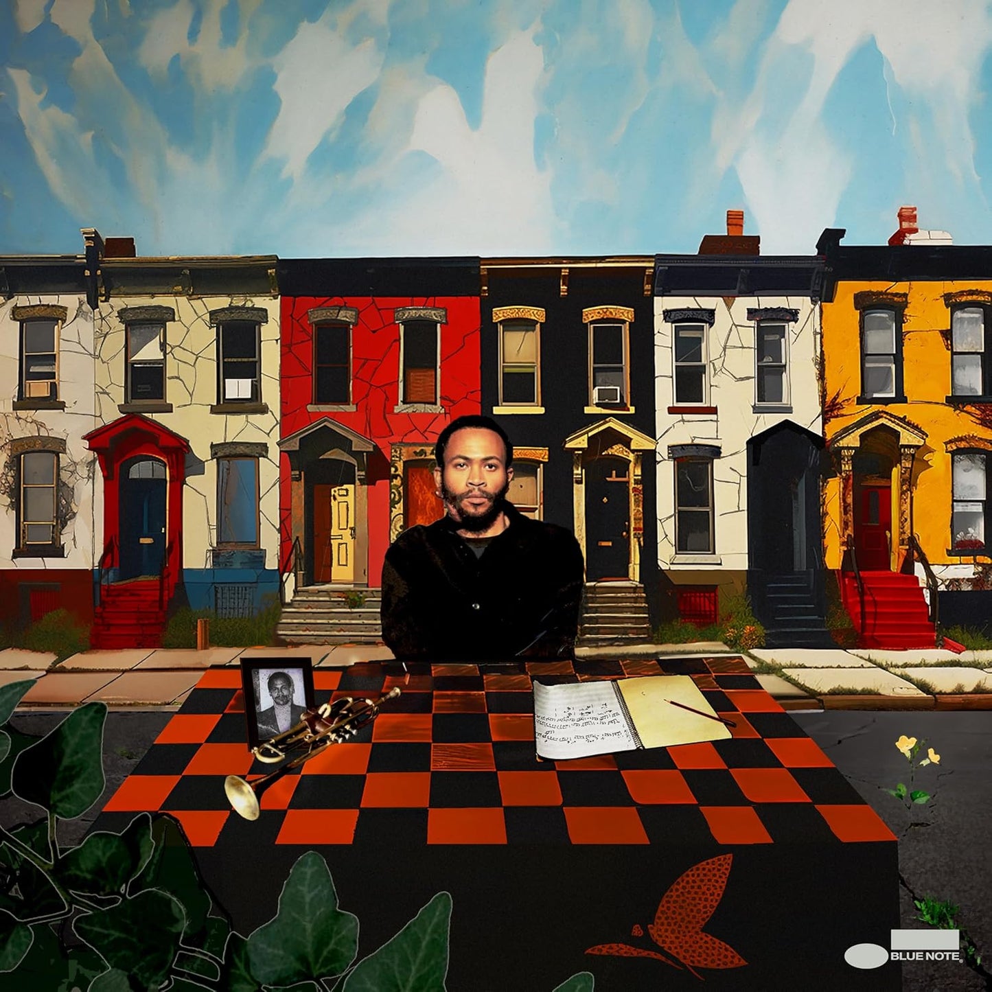 Album cover featuring a man in front of colorful row houses.