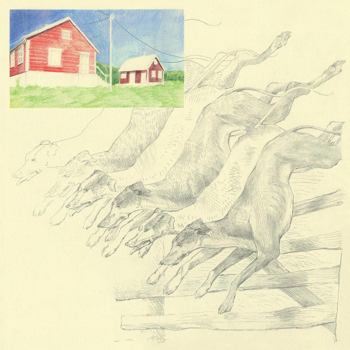 A pencil sketch of greyhounds racing, with an inset colored drawing of two houses.
