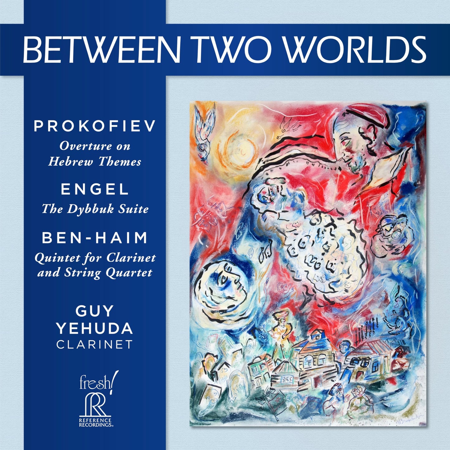 CD cover for “Between Two Worlds” featuring abstract, colorful painting.