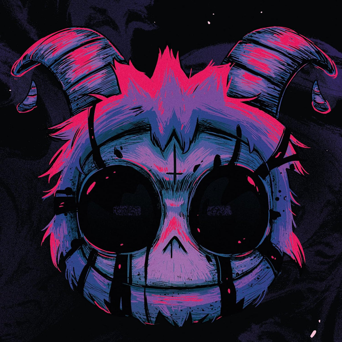 Neon pink and purple skull with ram horns, dark eye sockets.