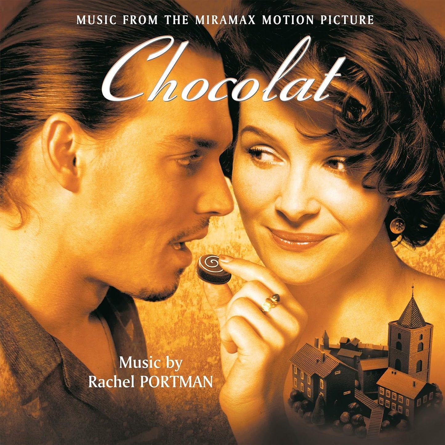 “Chocolat” soundtrack album cover with Juliette Binoche and a village scene.