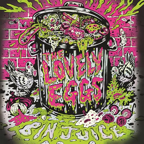 Album cover for Lovely Eggs’ “Bin Juice” featuring a trash can and birds.