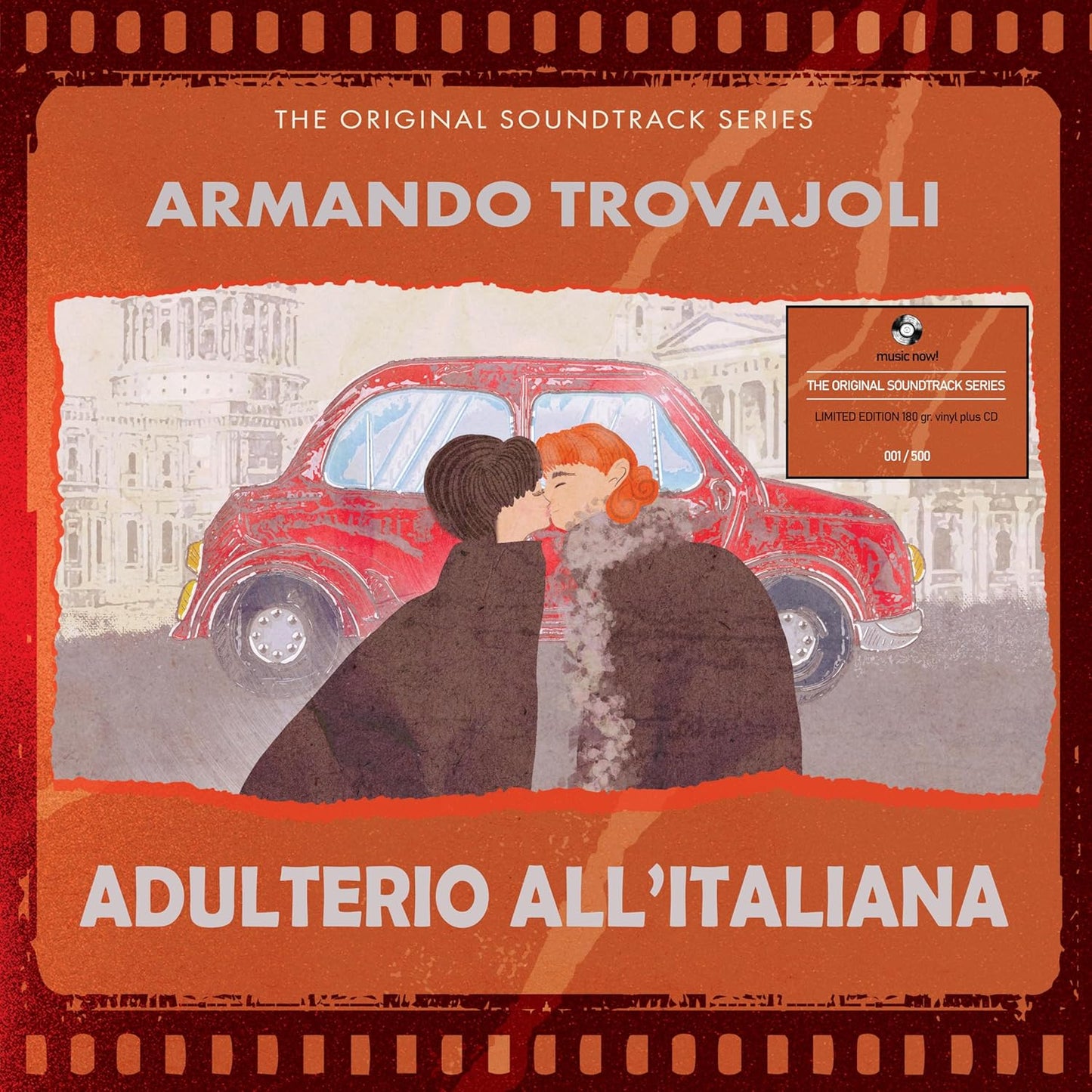Vinyl record cover for "Adulterio All'Italiana" featuring a couple and a red car.