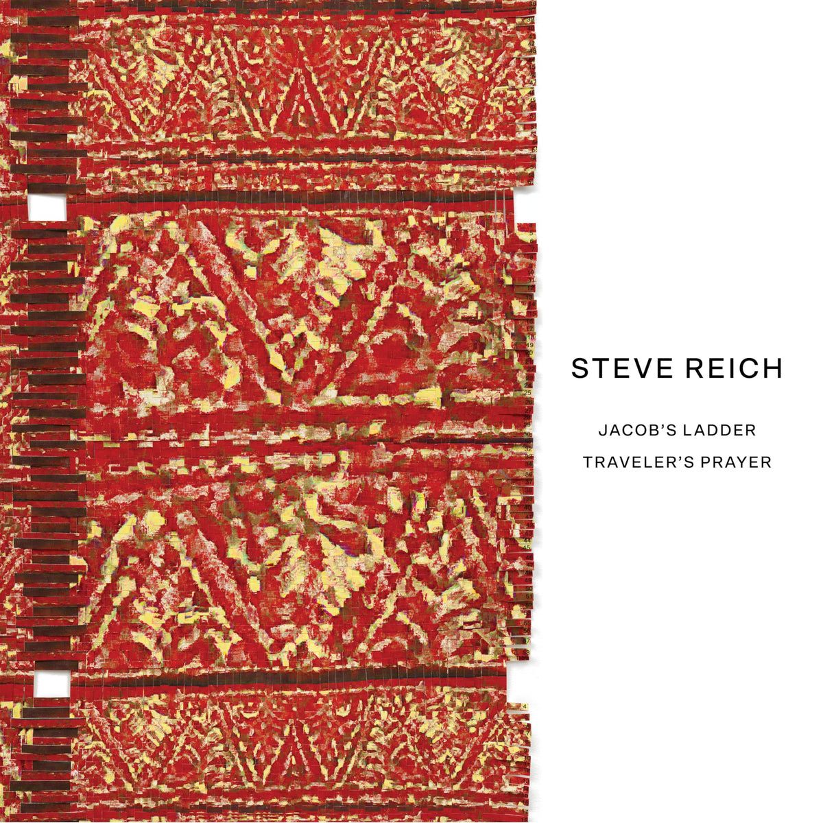 CD cover for Steve Reich’s “Jacob’s Ladder” with red, textured artwork.
