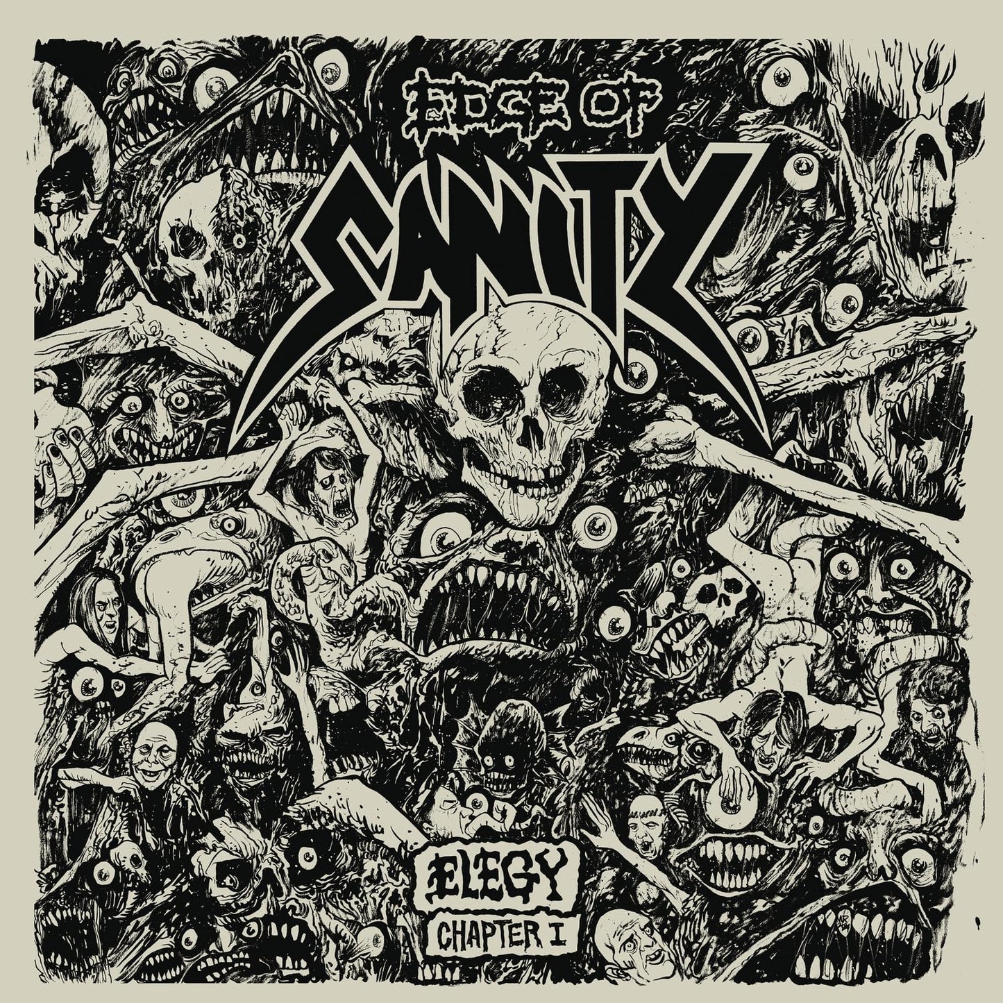 Black and white album cover with skulls, faces, and the band's logo.