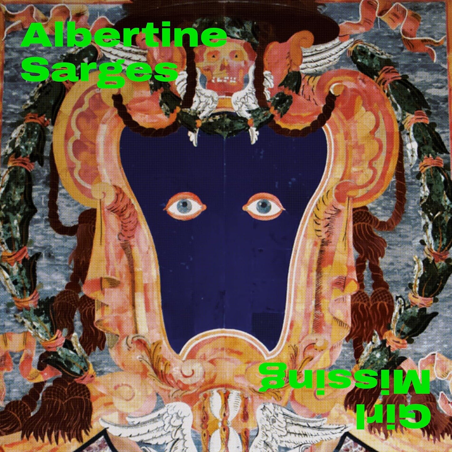 Album cover: abstract face with large eyes, colorful patterned background.
