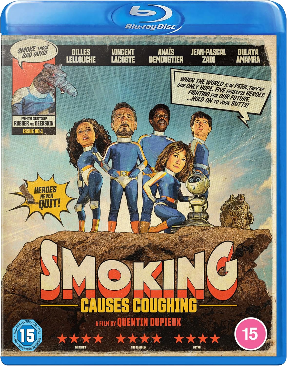Blu-ray cover for "Smoking Causes Coughing" featuring cartoon heroes and text.