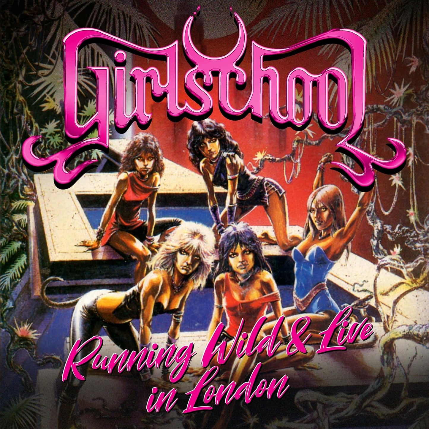 Girlschool album cover: five women in rock attire, jungle background.