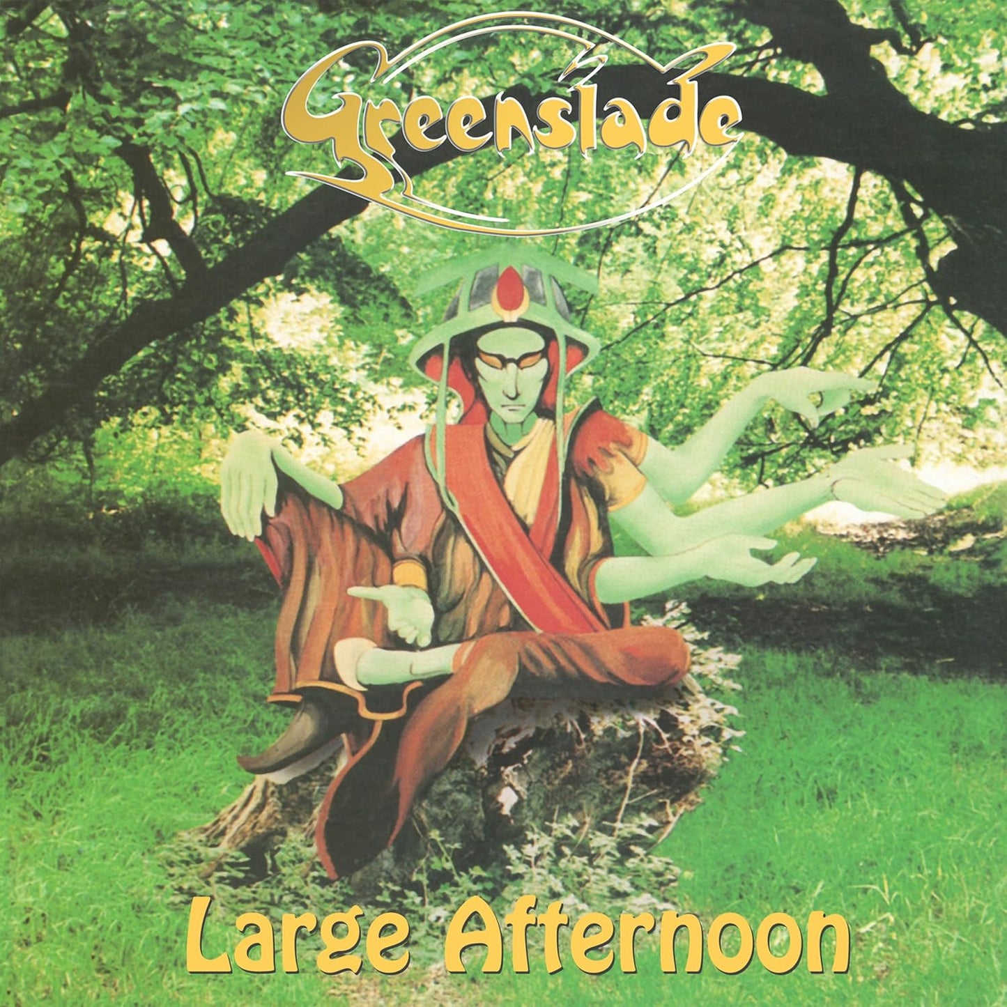 Album cover showing a four-armed green figure sitting on a stump in a forest.