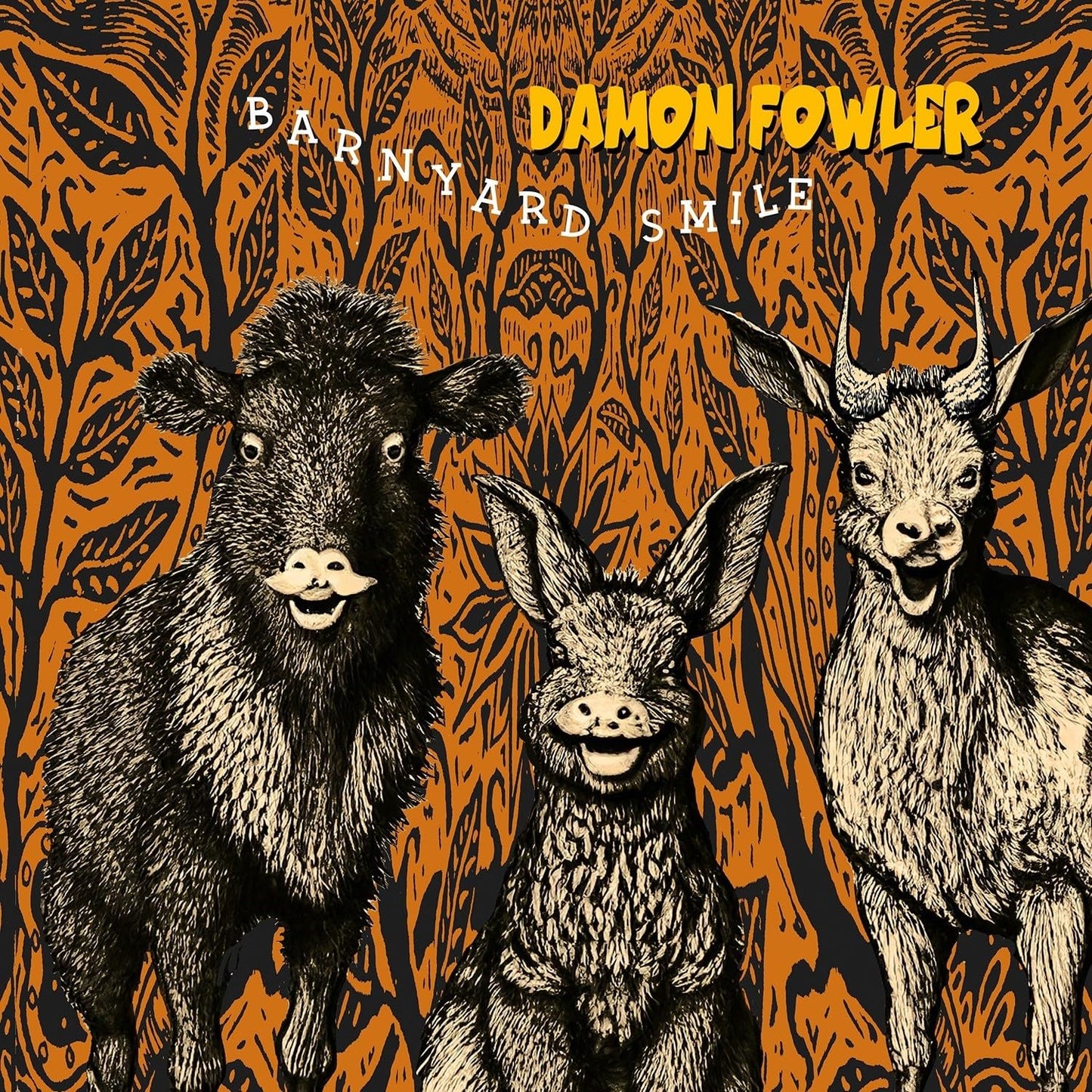 CD cover: Damon Fowler’s “Barnyard Smile” featuring smiling farm animals.