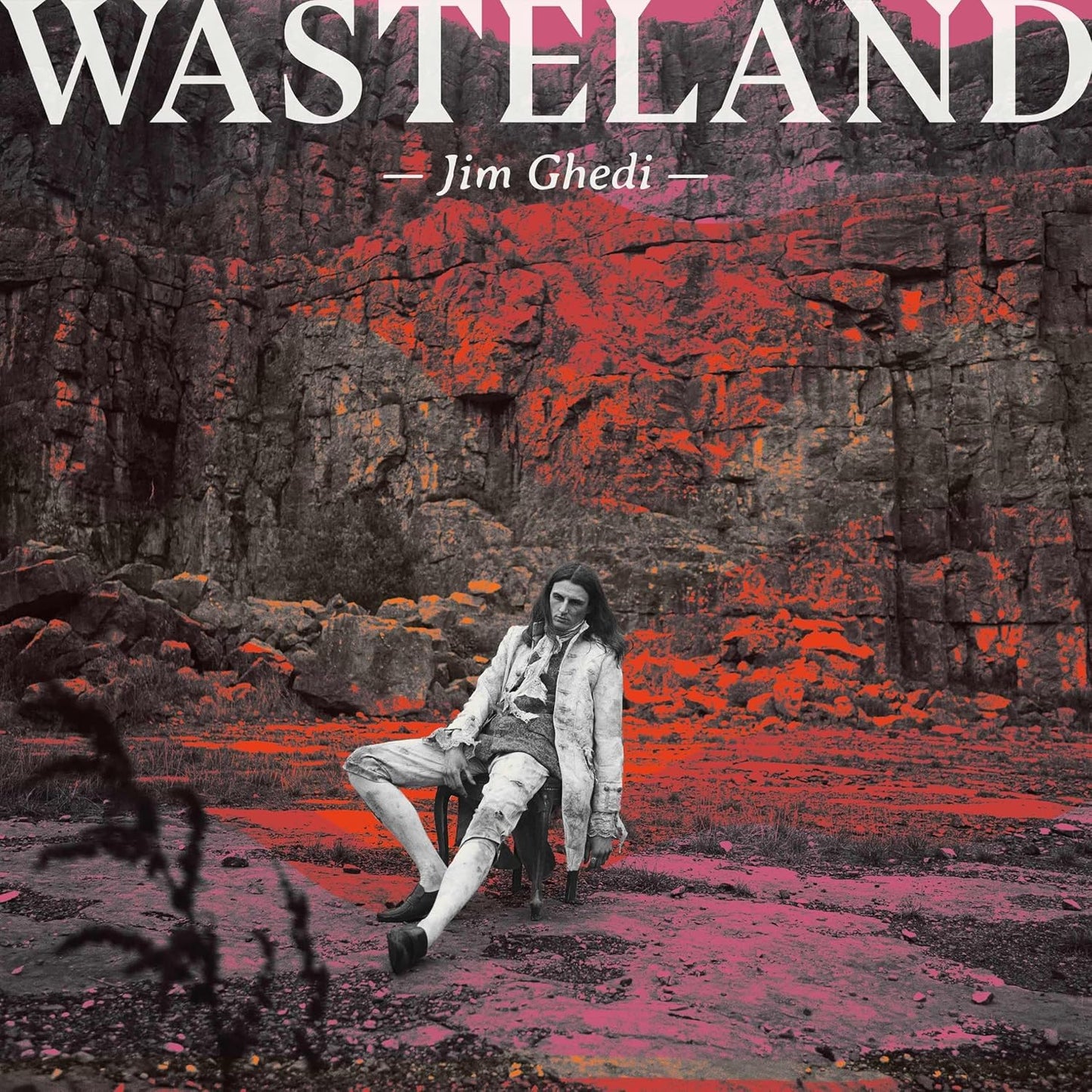 Album cover for Jim Ghedi’s “Wasteland” featuring a man in a rocky landscape.