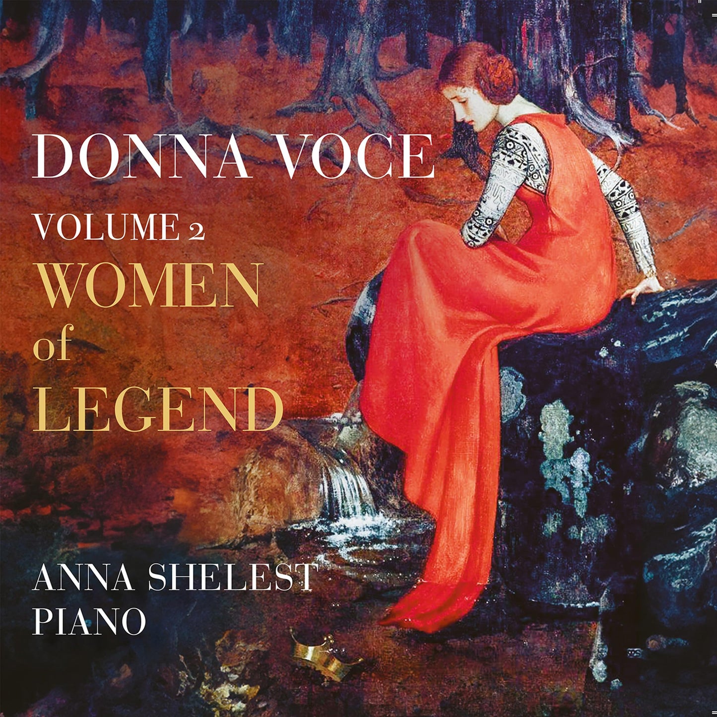 CD cover: painting of a woman in a red dress by water.