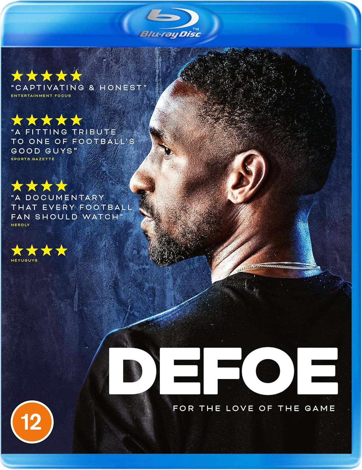 Blu-ray cover for "Defoe" documentary featuring footballer Jermain Defoe’s portrait.