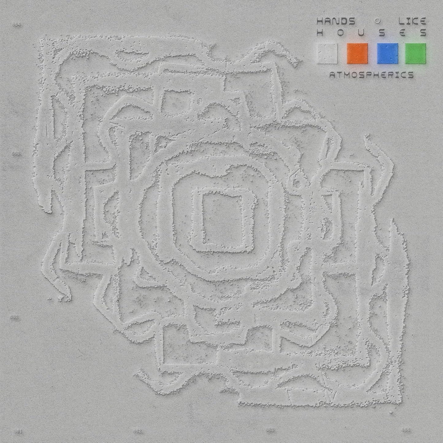 Album cover with a textured gray topographic pattern and four colored squares at top.