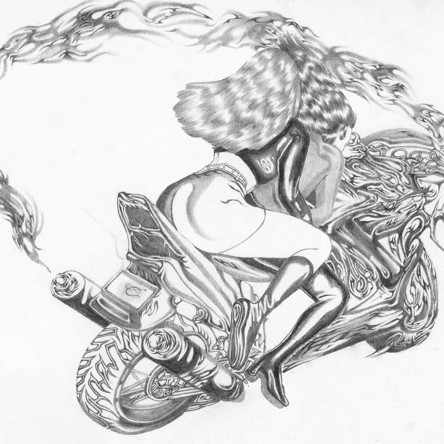 Black and white drawing of a person reclining with a motorcycle.
