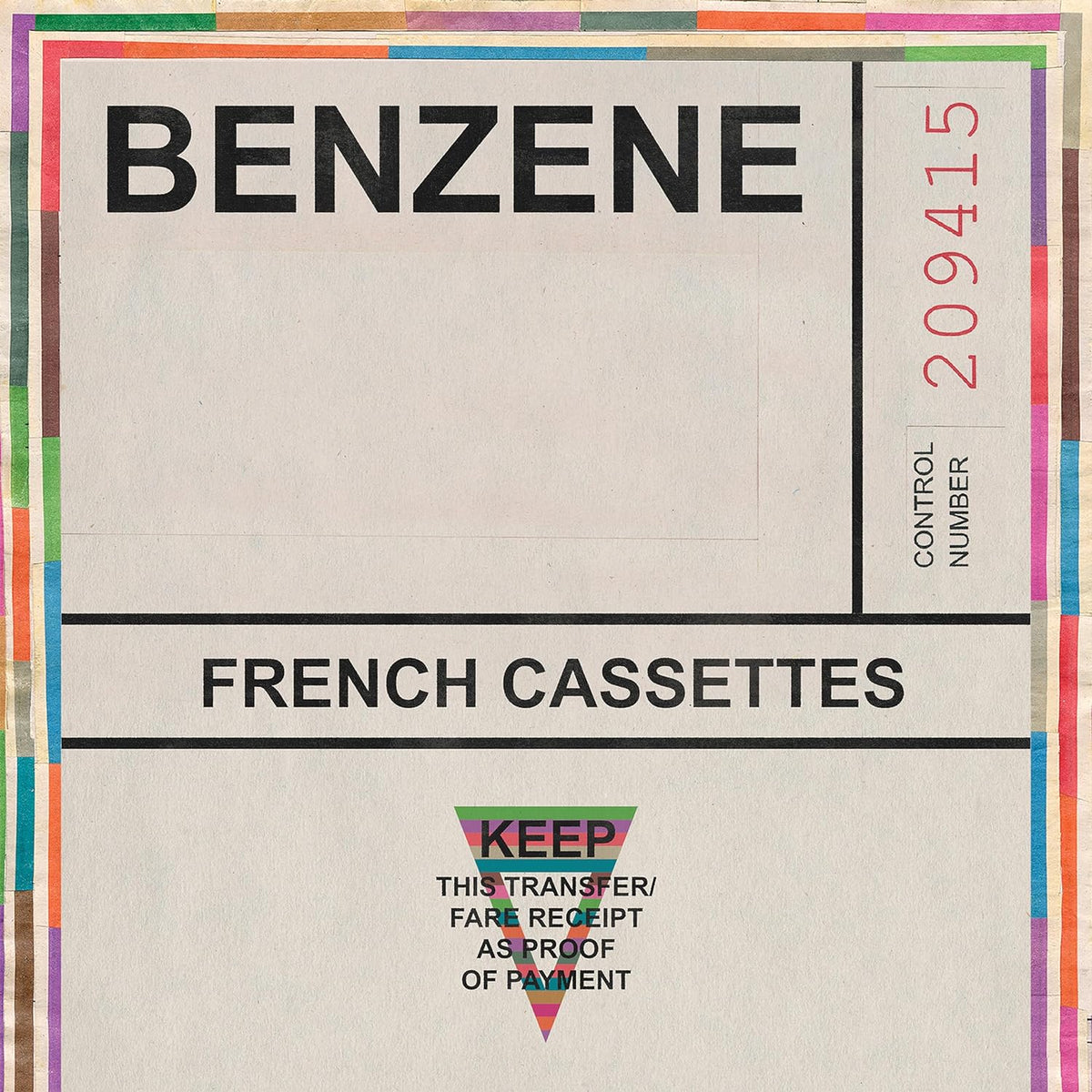 Vinyl record cover for French Cassettes’ “Benzene” with bold text and graphics.