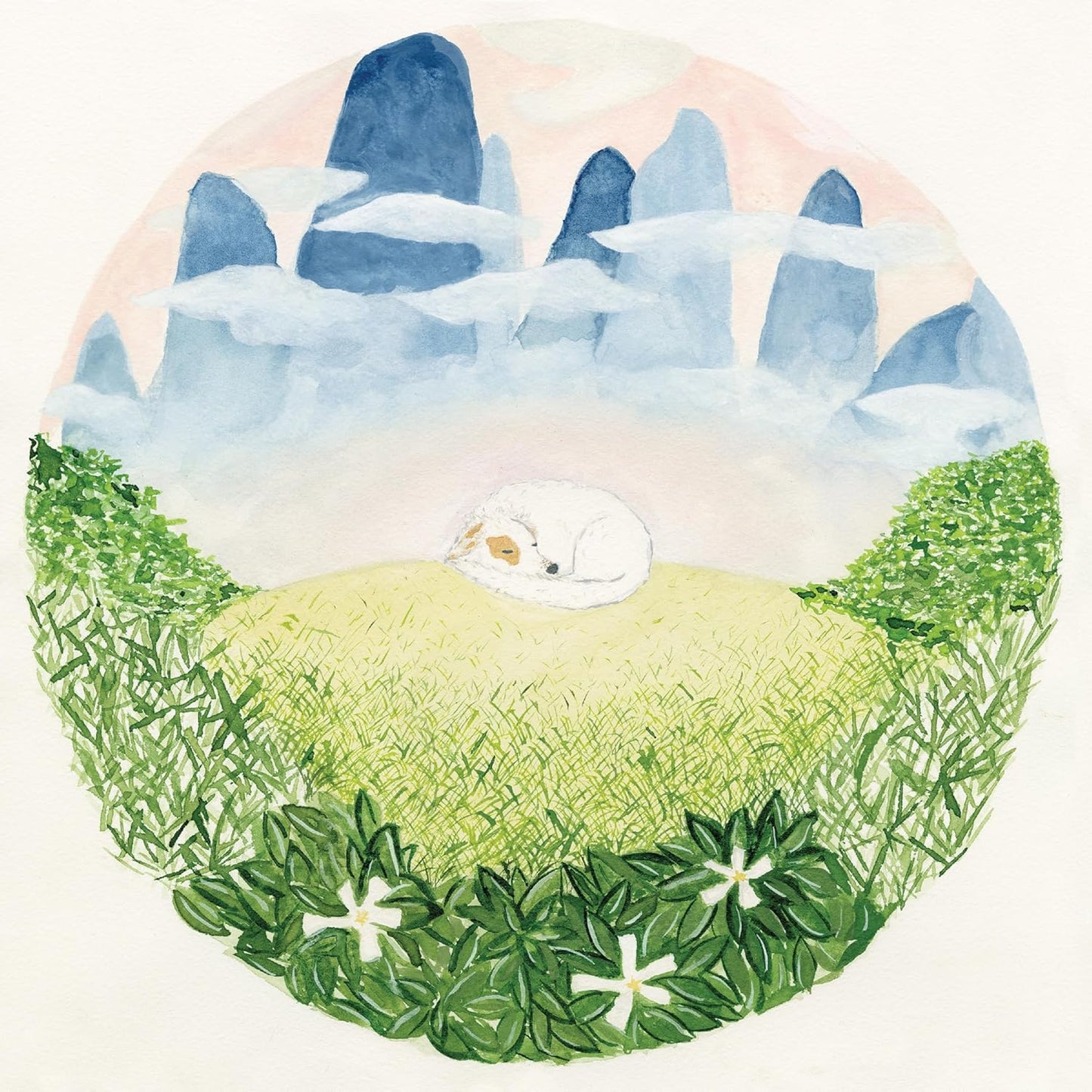 Watercolor painting of a white dog sleeping in a grassy field.