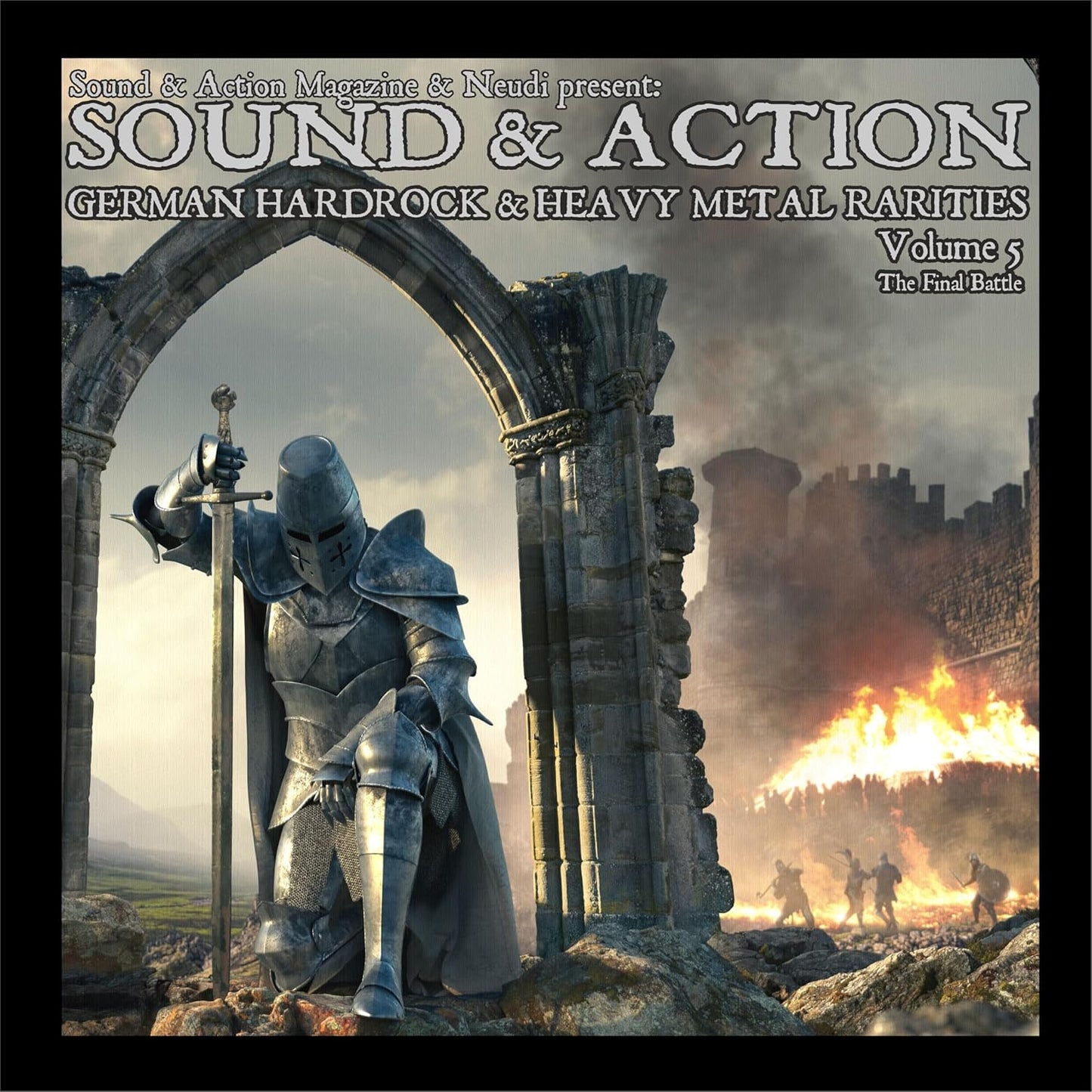 CD cover: knight in armor before a stone archway, battle scene.
