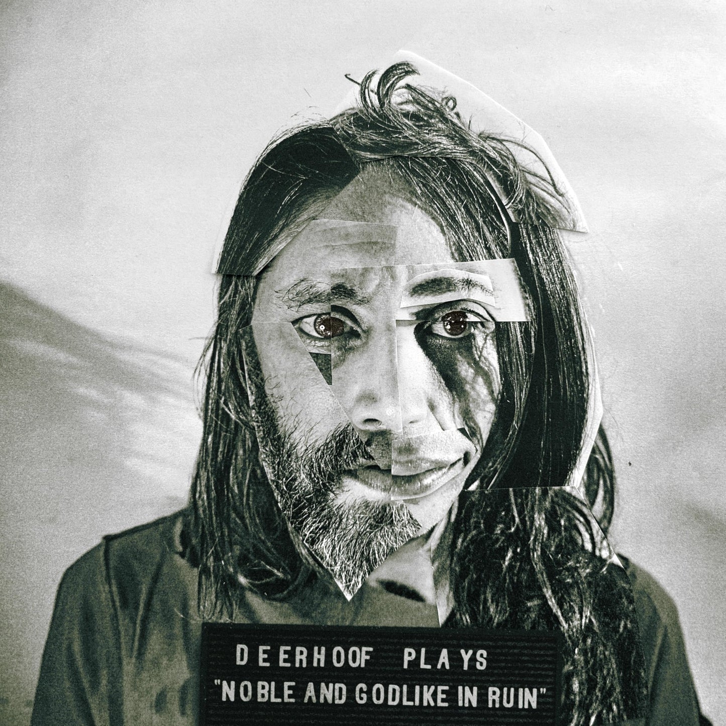 Collage portrait of a person with fragmented face and text: "Deerhoof plays Noble And Godlike In Ruin".