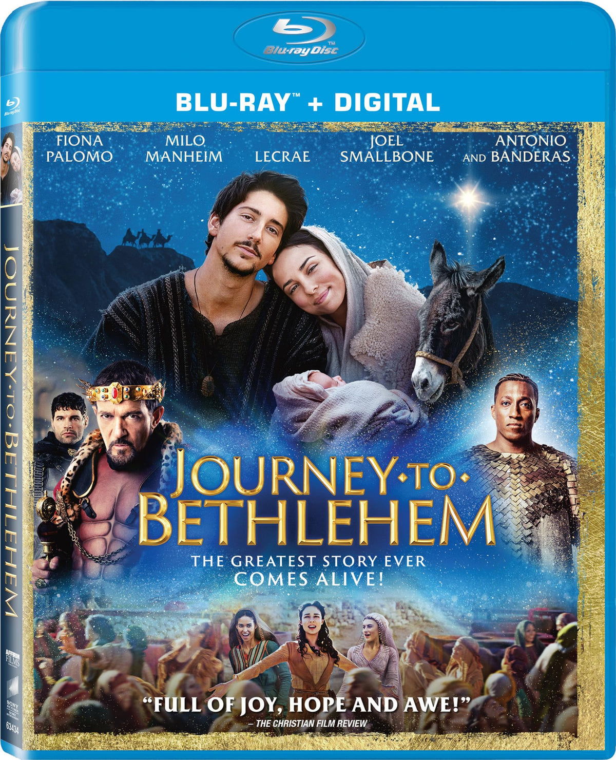 Journey to Bethlehem" Blu-ray cover featuring Mary, Joseph, and a donkey.