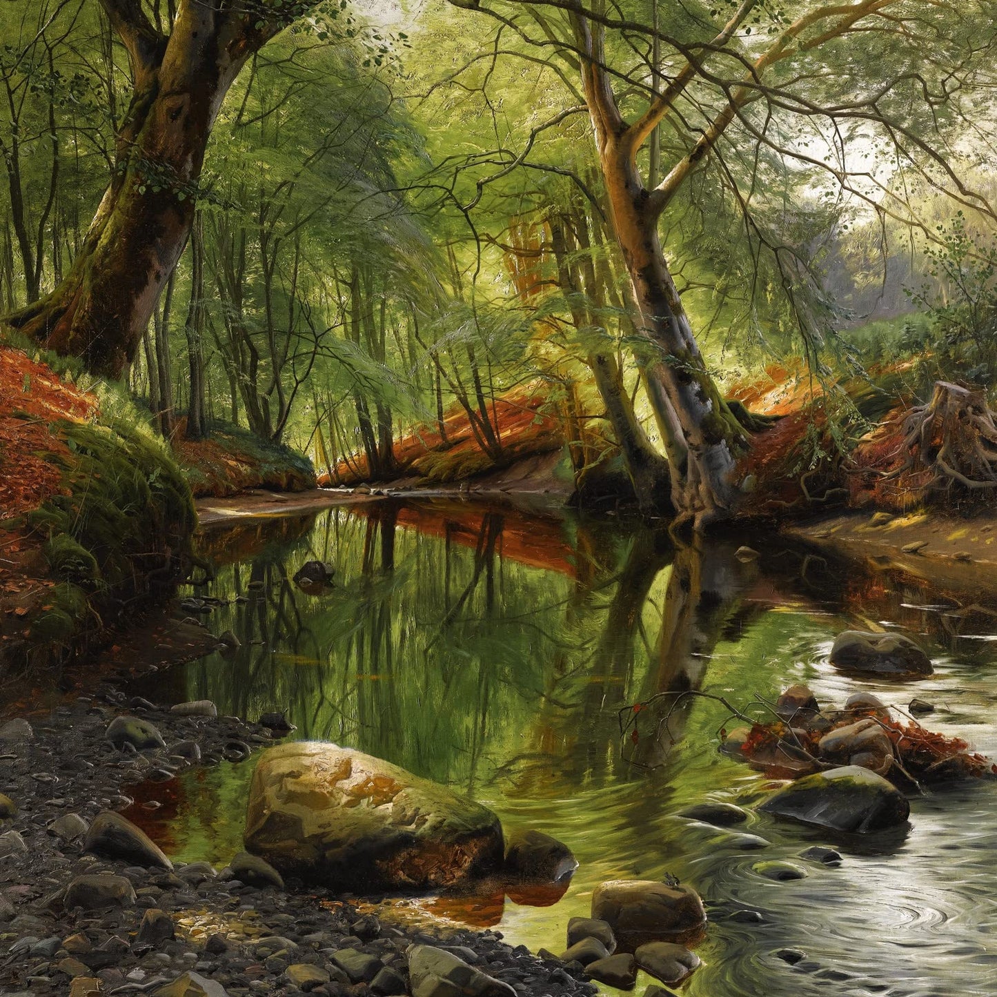 Painting of a sunlit forest stream with trees and rocky banks.
