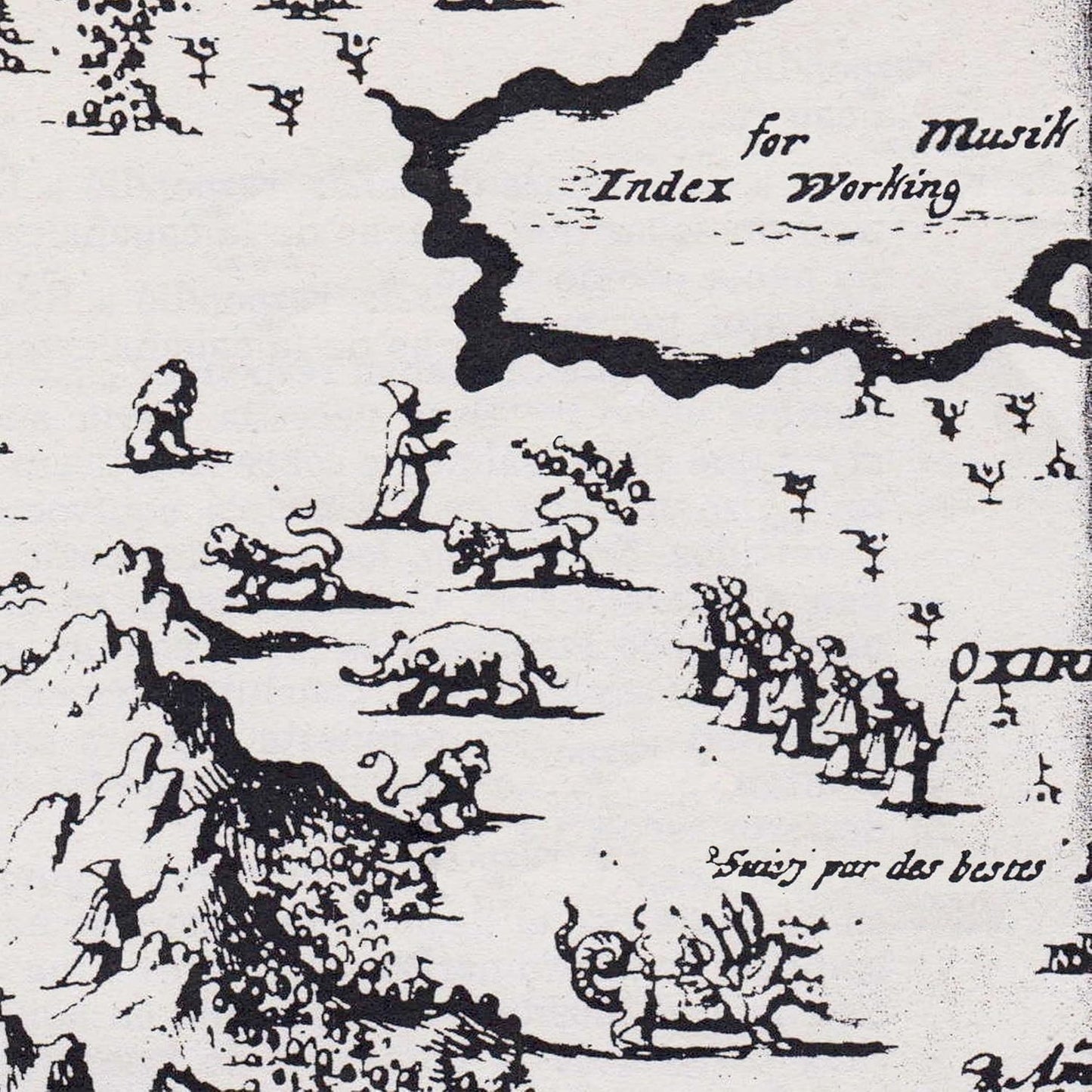 Black and white illustration of figures and landscape, CD cover art.