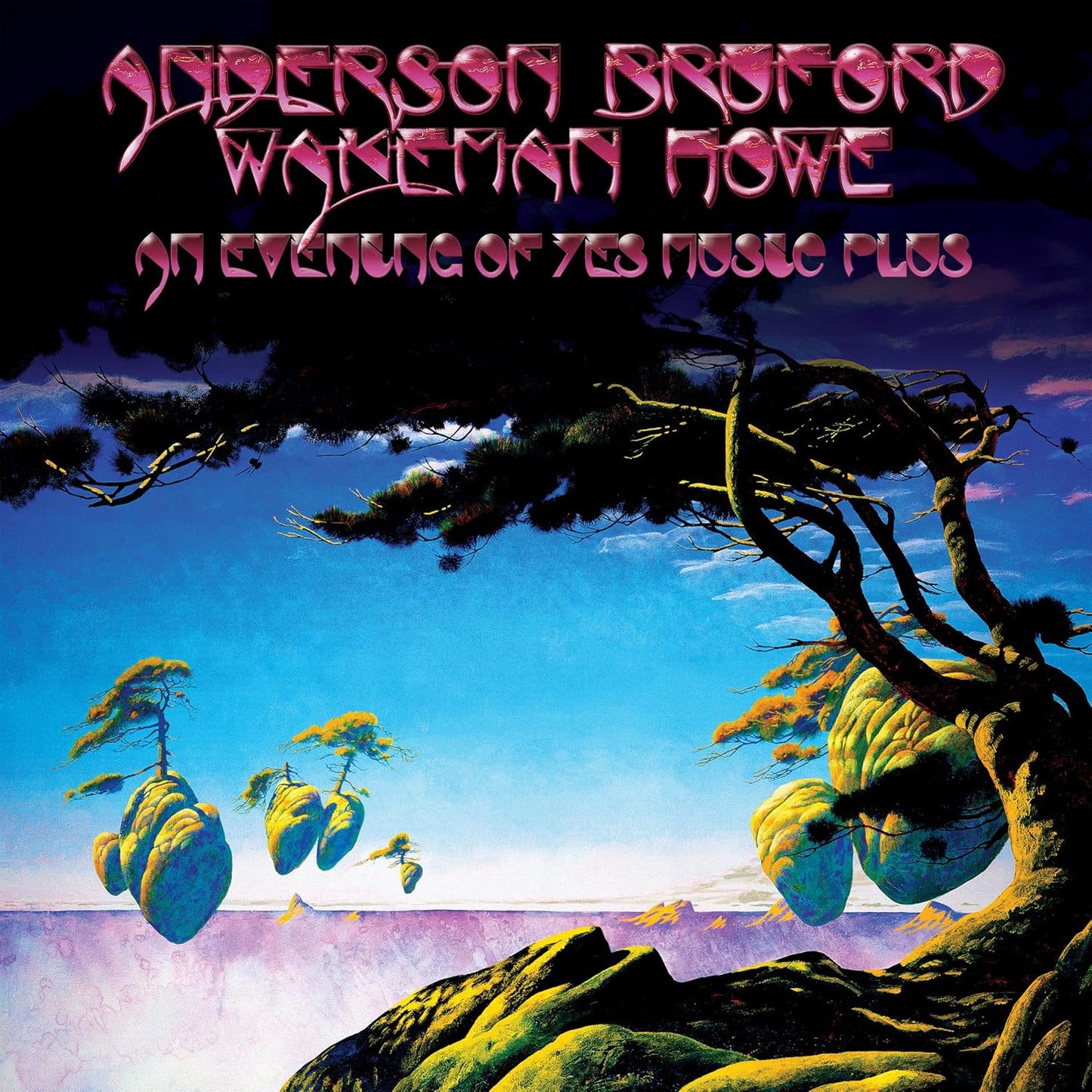 Album cover art featuring floating rock formations, pine trees, and a surreal blue sky.