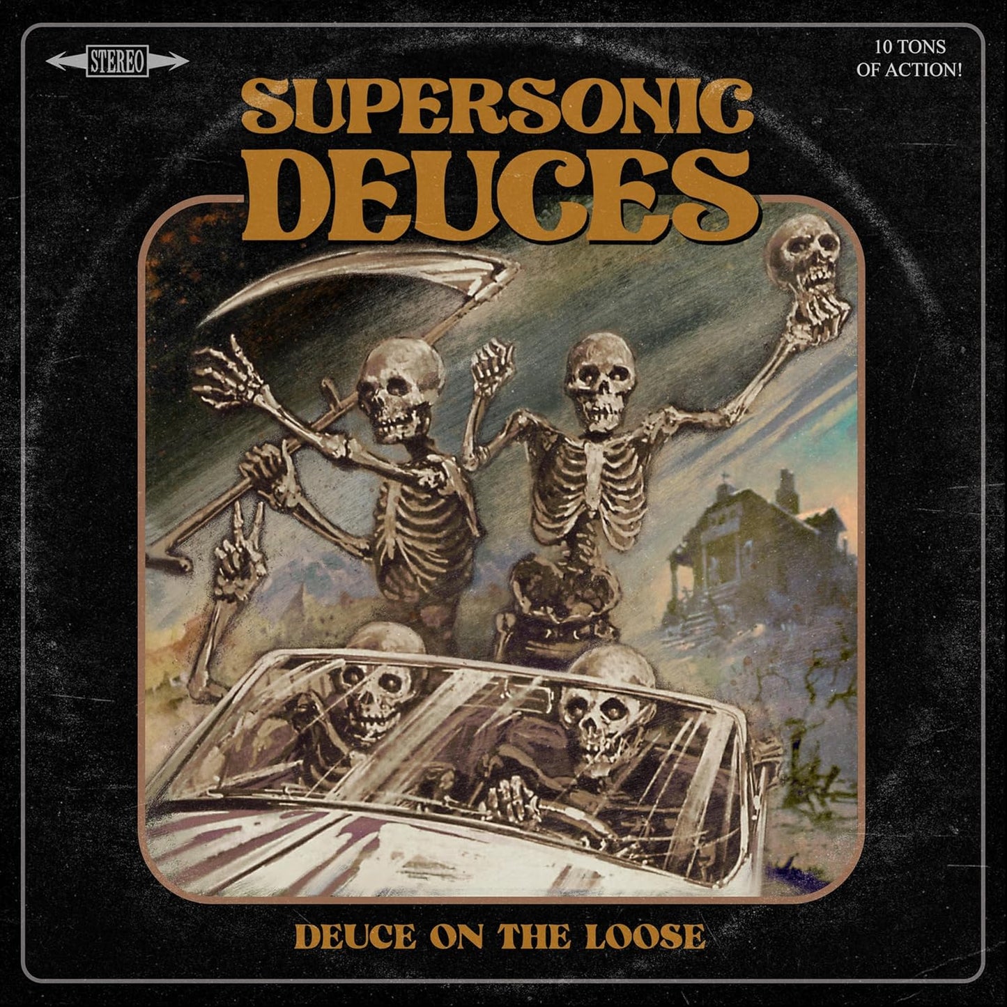 Record album cover depicting skeletons riding in a vintage car.