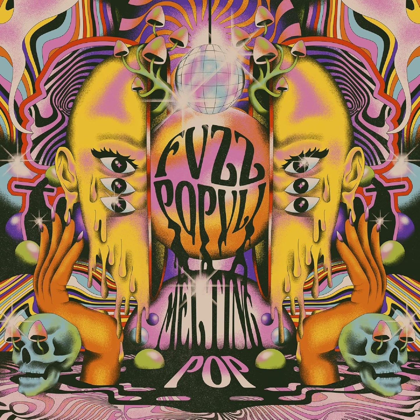 Psychedelic album cover with melting faces, skulls, and swirling colorful patterns.