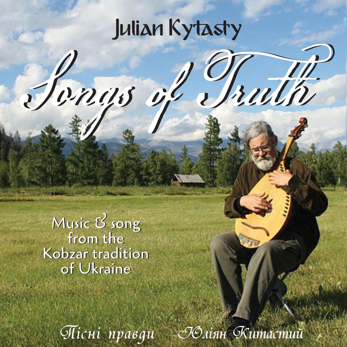 Man playing a Ukrainian kobza in a grassy field under a blue sky.
