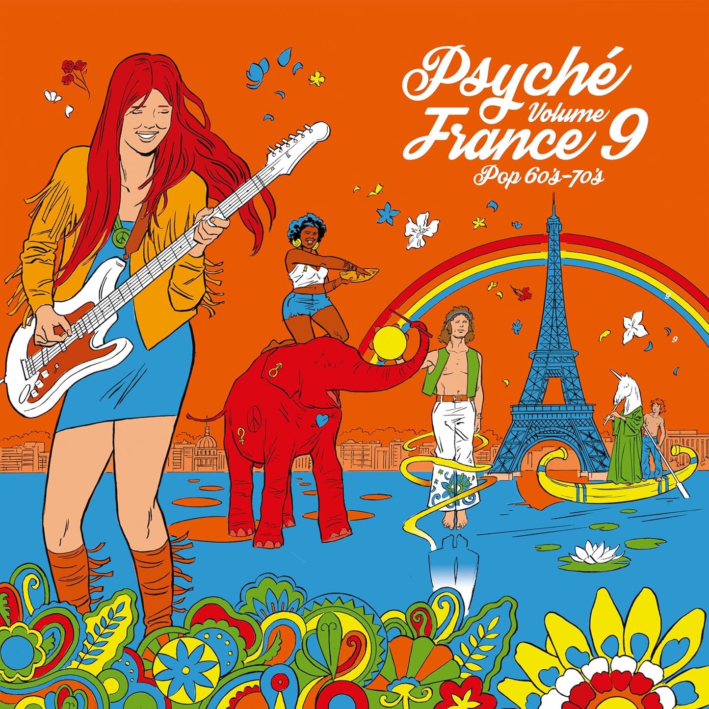Psychedelic album cover featuring a woman with a guitar and French imagery.
